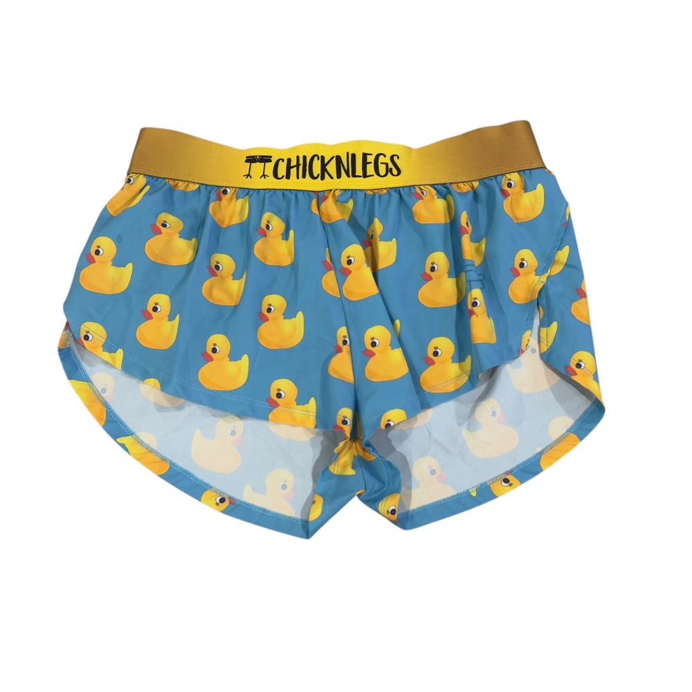 ChicknLegs Womens Medium Blue Duck Print 1.5" Running Shorts Rear Zip Pocket euc